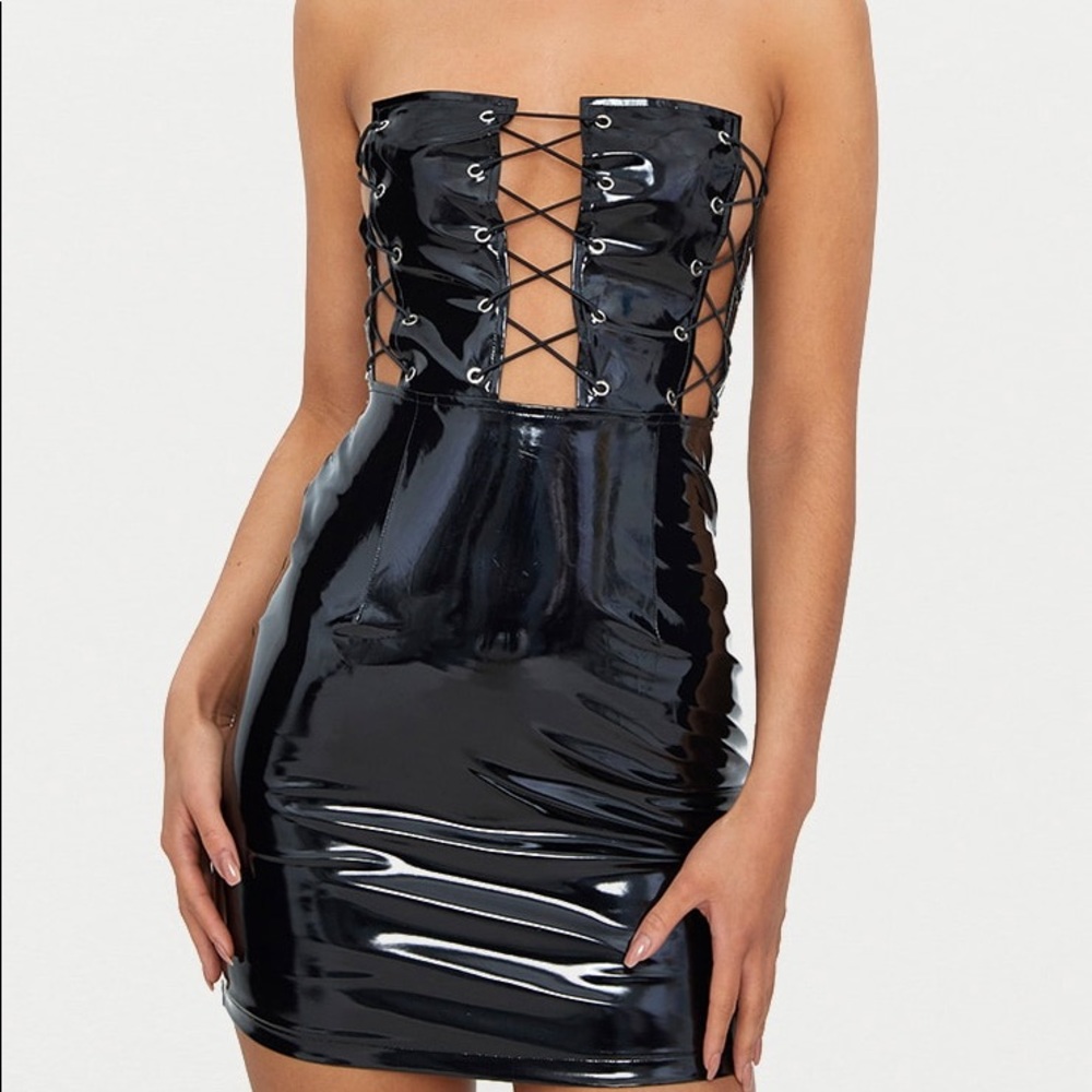 Black Bandeau vinyl lace up dress